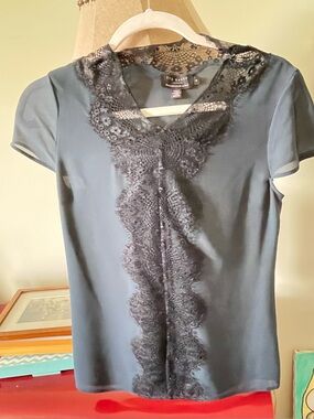 Ted BakerSilk Dark Green Short Sleeve Top with Crochet Lace Trim